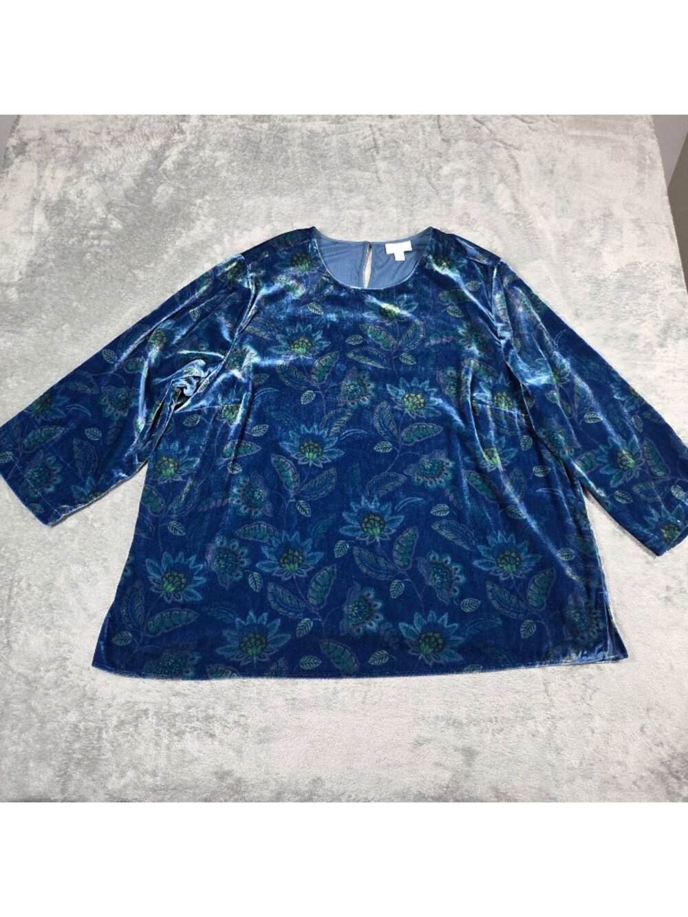 J Jill Top 2X Blue Green Velour Printed Floral Cozy Whimsygoth Blouse